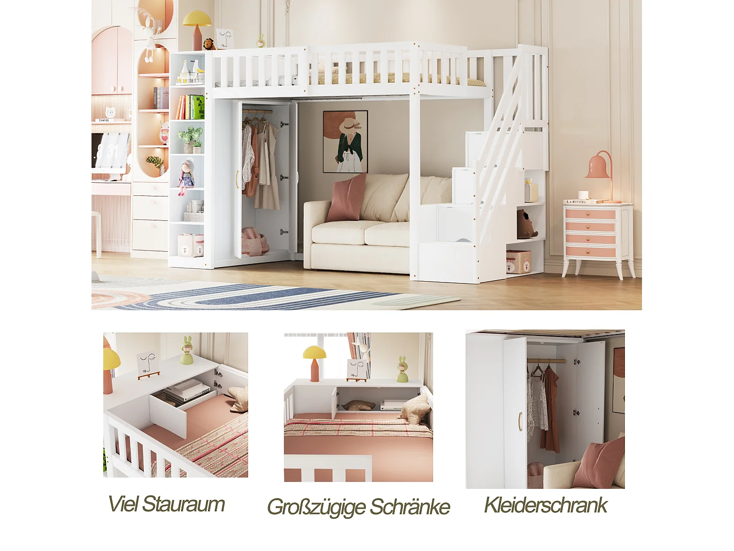 Letto a soppalco per bambini - 90 x 200 cm - con ripiani + armadio + scala portaoggetti - legno - bianco