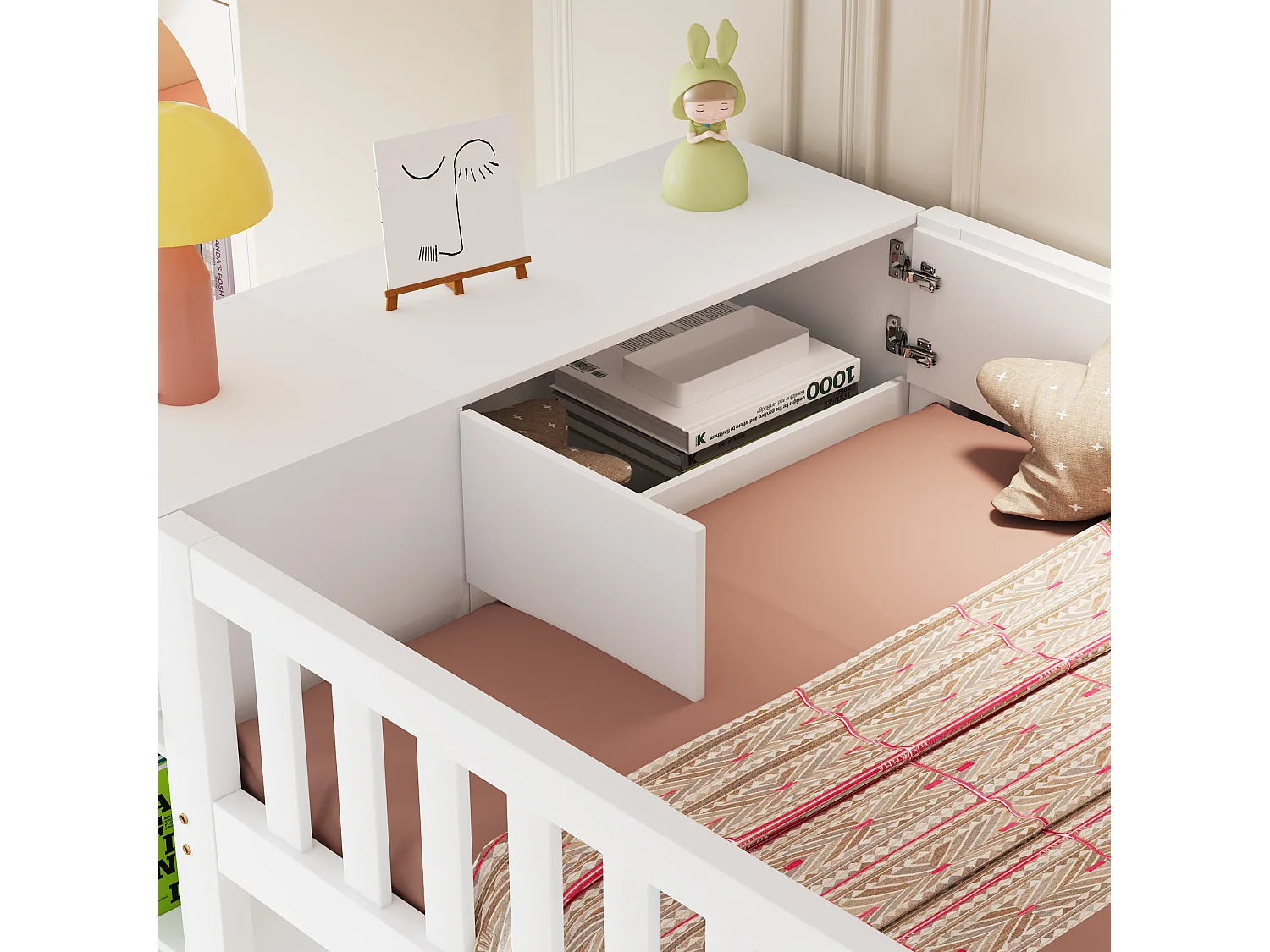 Letto a soppalco per bambini - 90 x 200 cm - con ripiani + armadio + scala portaoggetti - legno - bianco