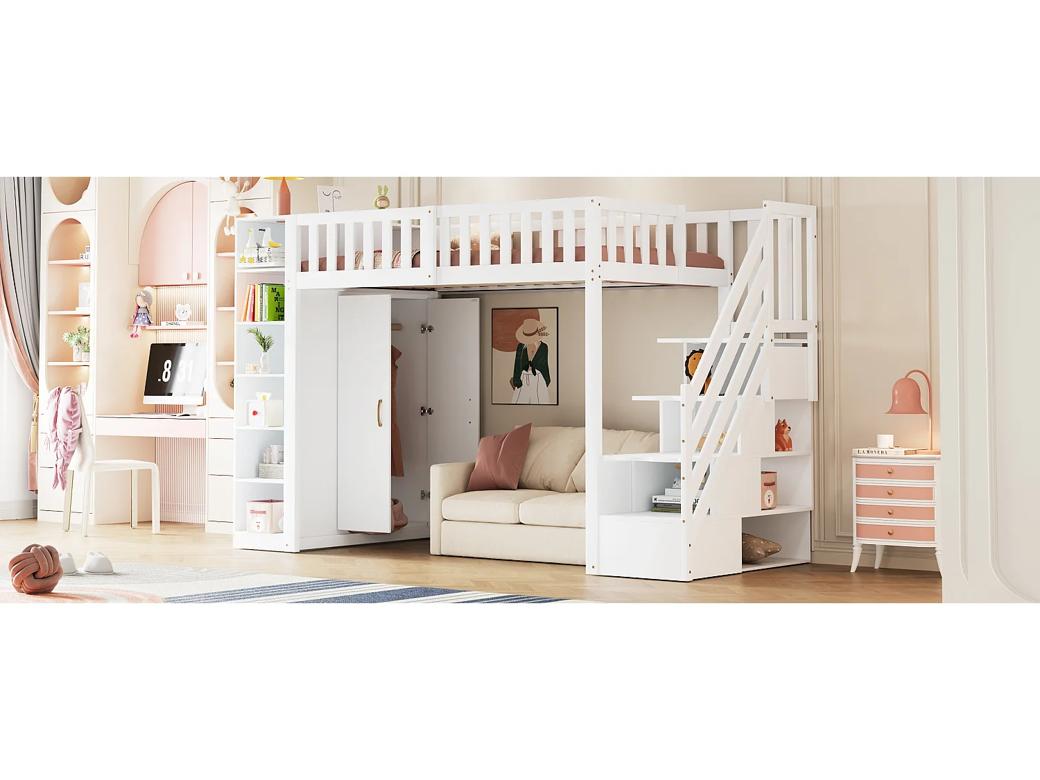 Letto a soppalco per bambini - 90 x 200 cm - con ripiani + armadio + scala portaoggetti - legno - bianco