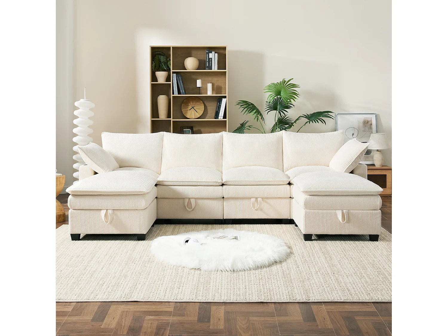 Divano componibile 6 posti con contenitore + poggiapiedi rimovibile + porte USB - 280 x 152 x 83 cm - Velluto - beige