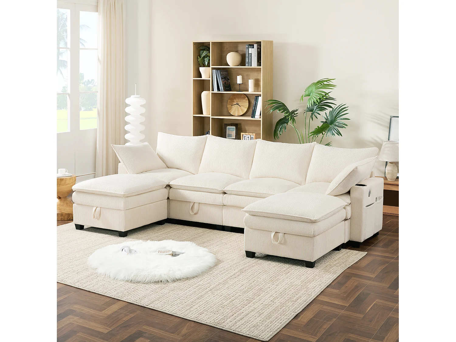 Divano componibile 6 posti con contenitore + poggiapiedi rimovibile + porte USB - 280 x 152 x 83 cm - Velluto - beige