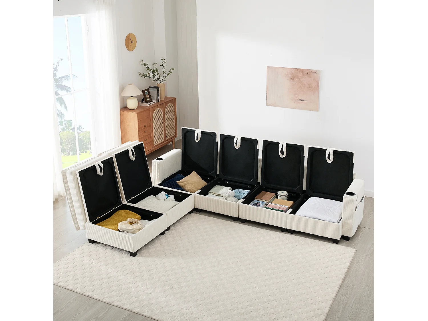 Divano componibile 6 posti con contenitore + poggiapiedi rimovibile + porte USB - 280 x 152 x 83 cm - Velluto - beige