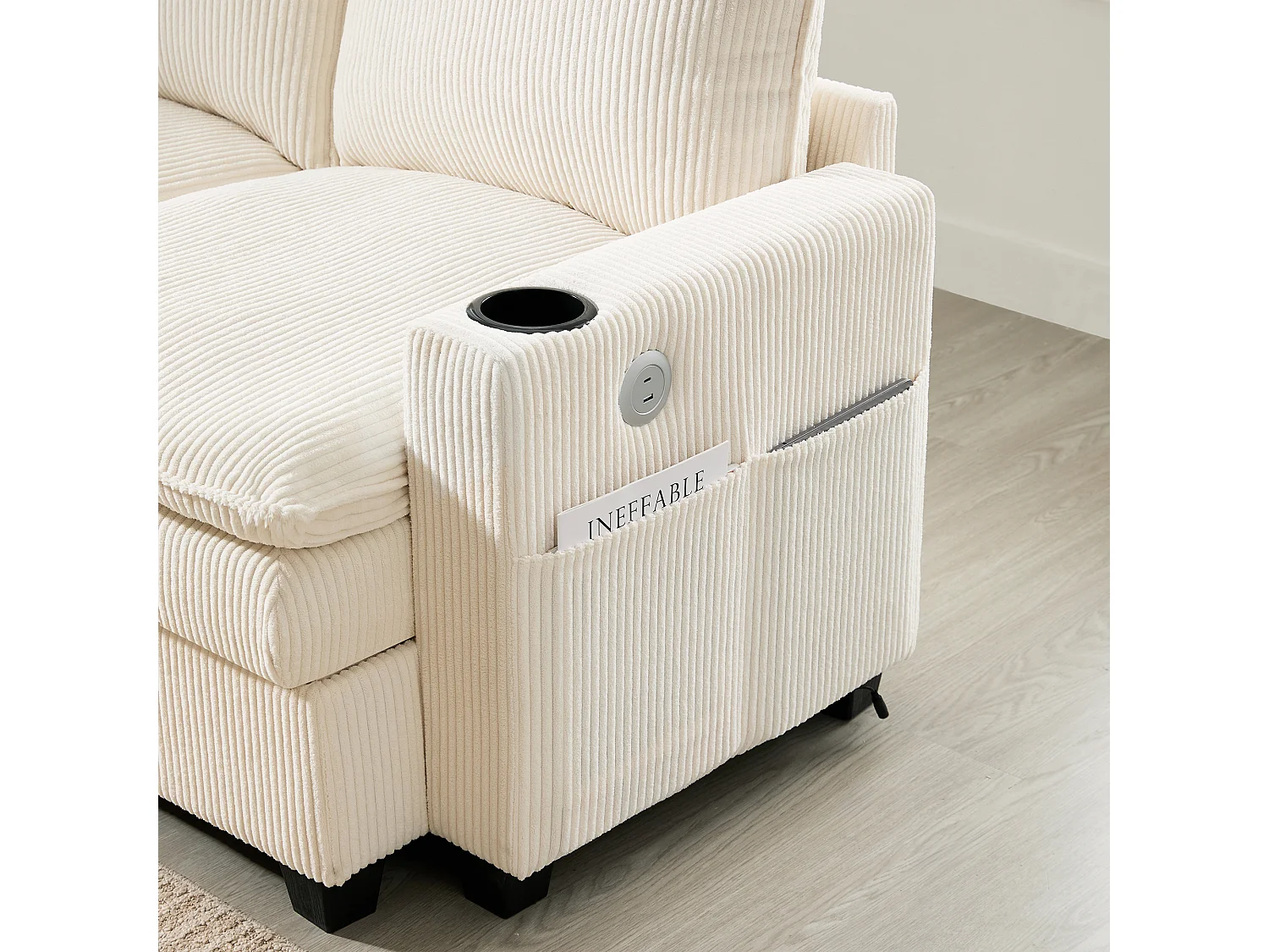 Divano componibile 6 posti con contenitore + poggiapiedi rimovibile + porte USB - 280 x 152 x 83 cm - Velluto - beige