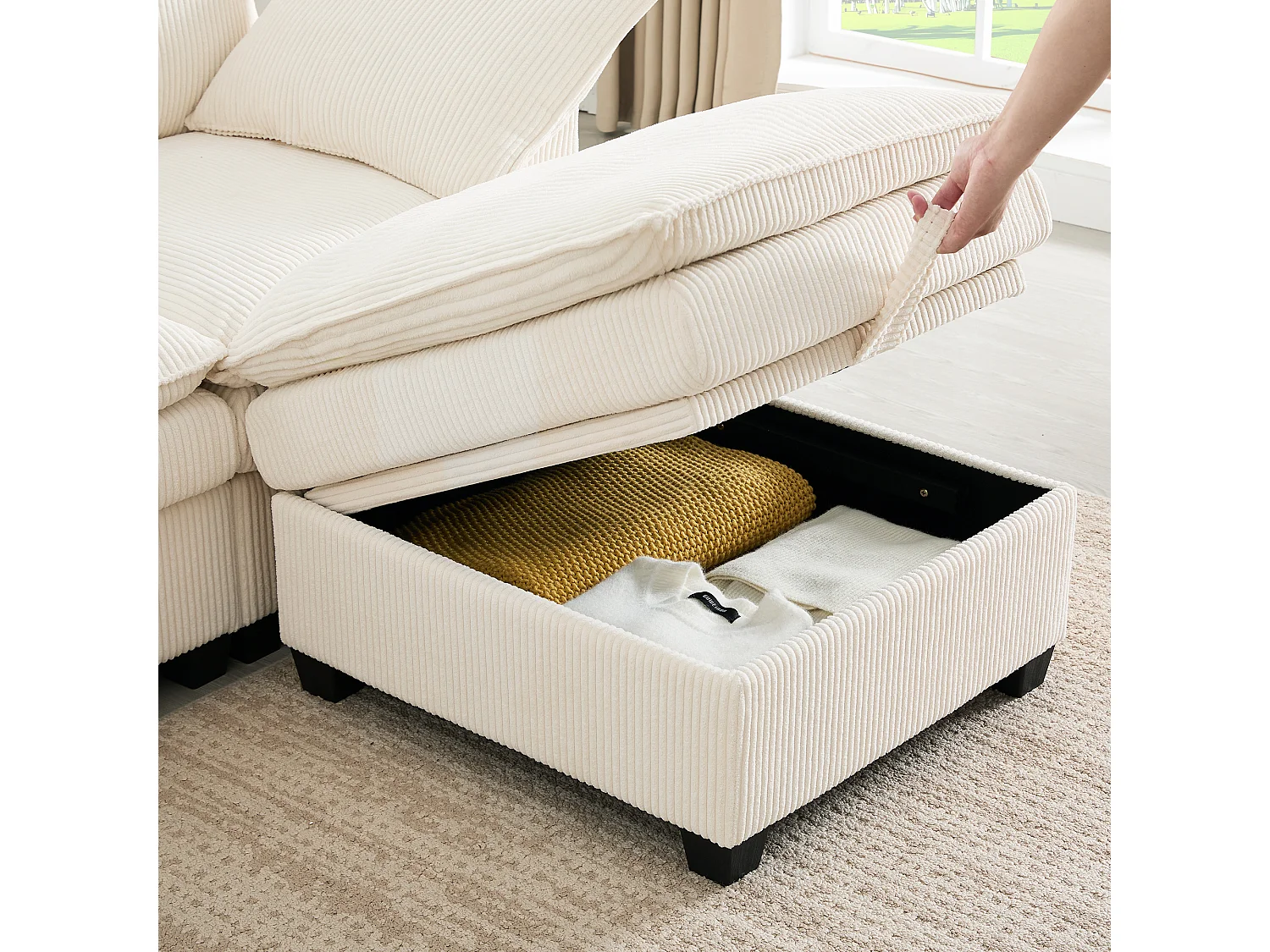 Divano componibile 6 posti con contenitore + poggiapiedi rimovibile + porte USB - 280 x 152 x 83 cm - Velluto - beige