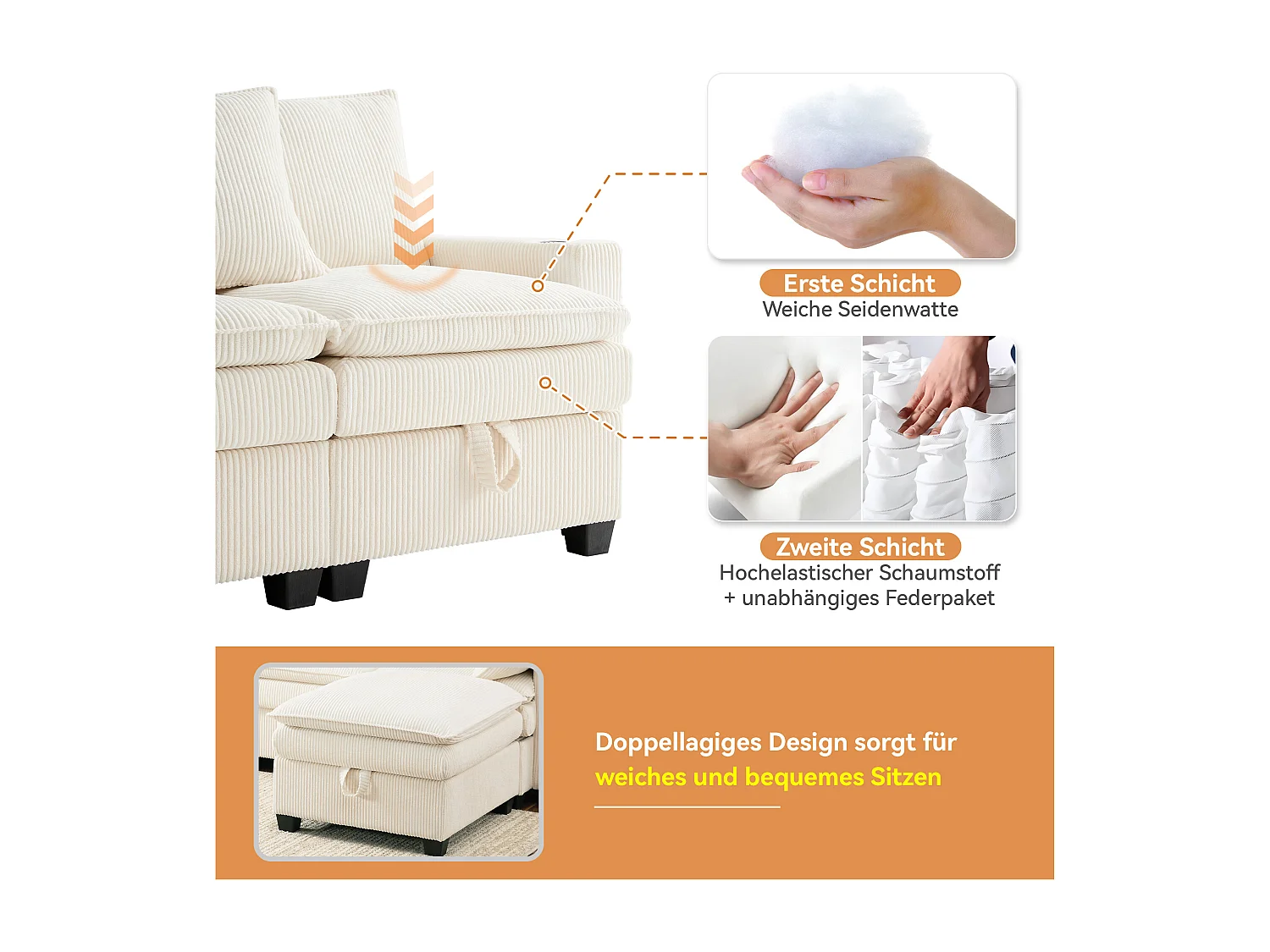 Modulares 6-Sitzer-Sofa mit Stauraum, abnehmbarer Fußstütze und USB-Anschlüssen – 280 x 152 x 83 cm – Samt – beige