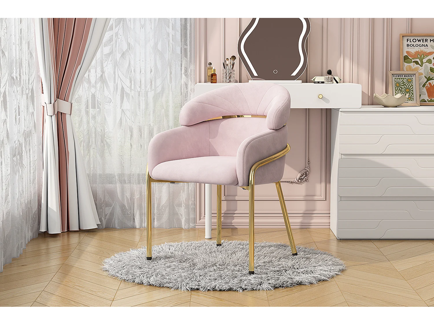 Chaise de maquillage en velours - 56.9 x 54.5 x 78 cm - pour salon et chambre - 4 pieds en métal - rose
