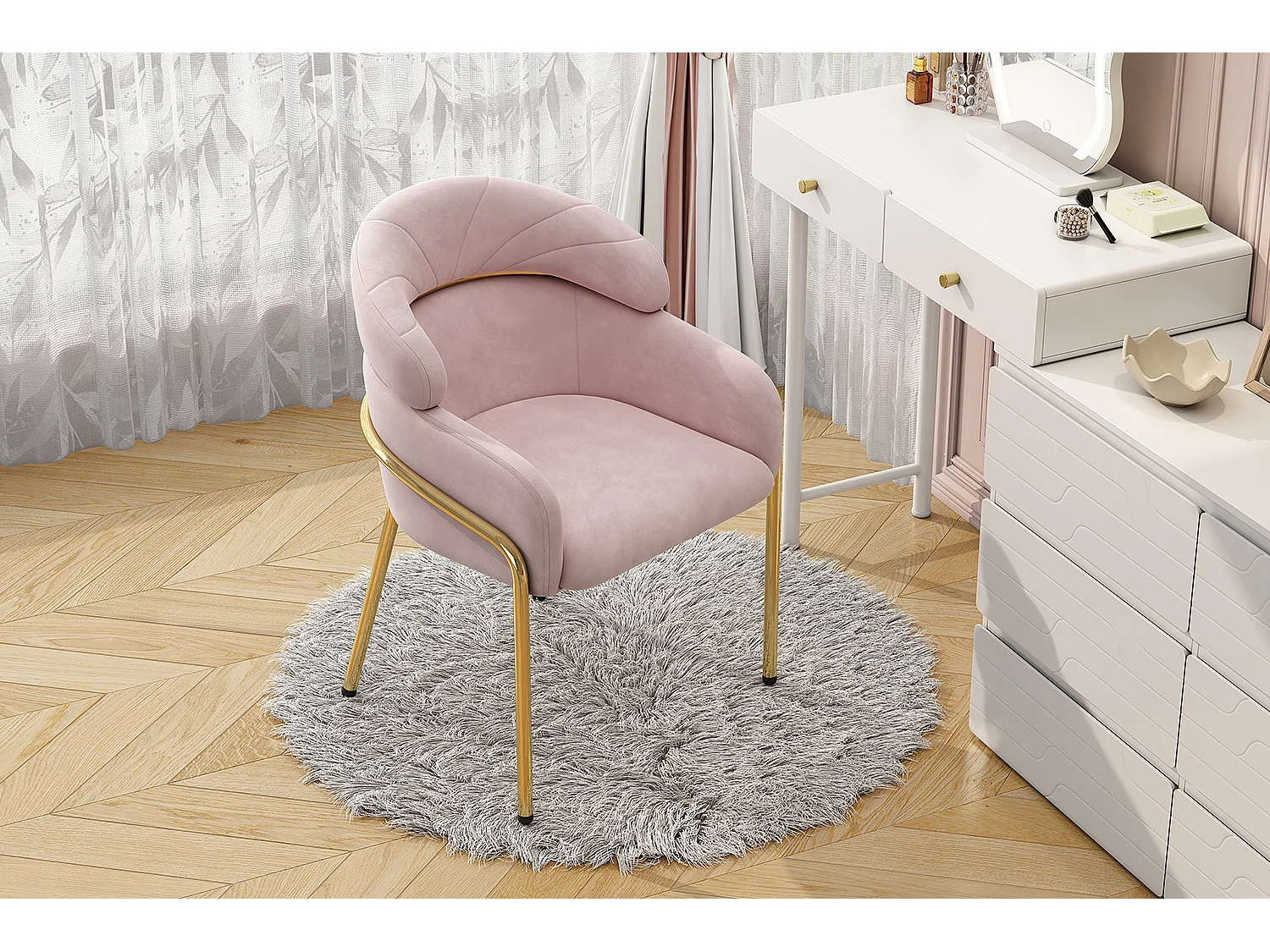 Chaise de maquillage en velours - 56.9 x 54.5 x 78 cm - pour salon et chambre - 4 pieds en métal - rose