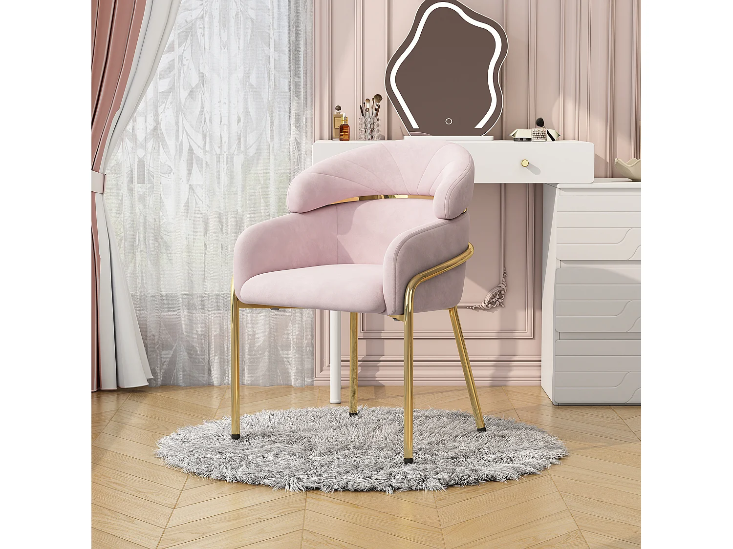 Poltrona da trucco in velluto - 56,9 x 54,5 x 78 cm - per soggiorno e camera da letto - 4 gambe in metallo - rosa