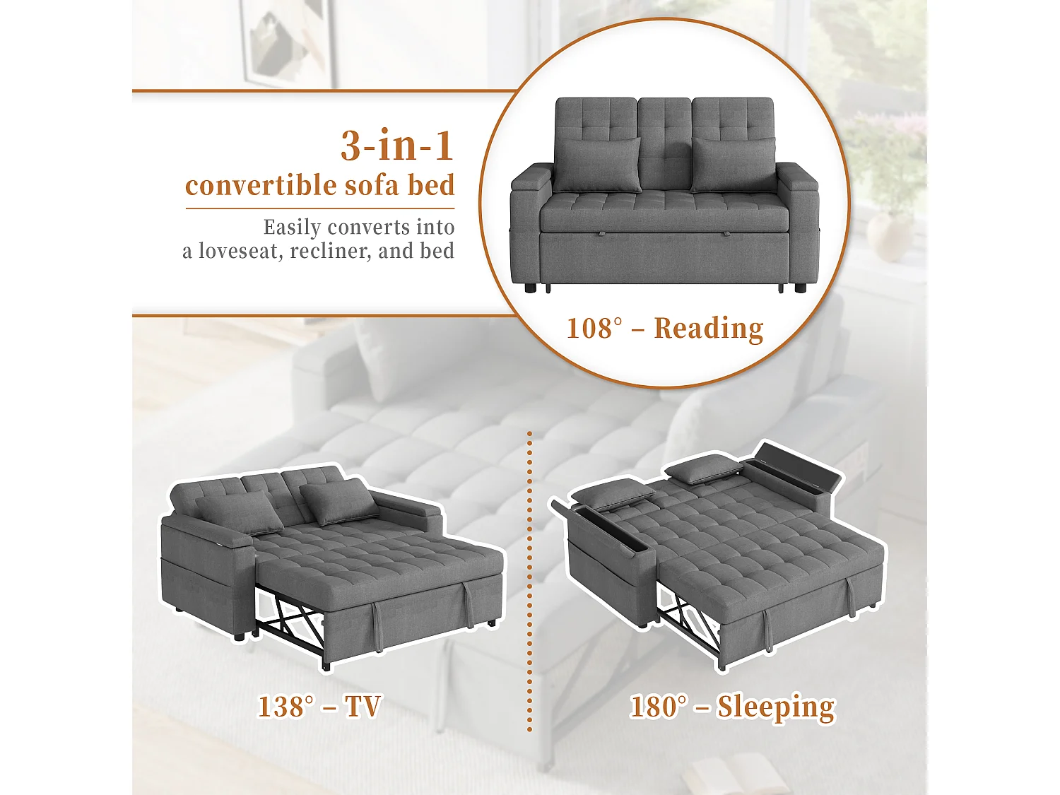 Canapé convertible 2 places avec rangement et dossier réglable - 159 x 142.5 x 92 cm - Coton et lin - gris