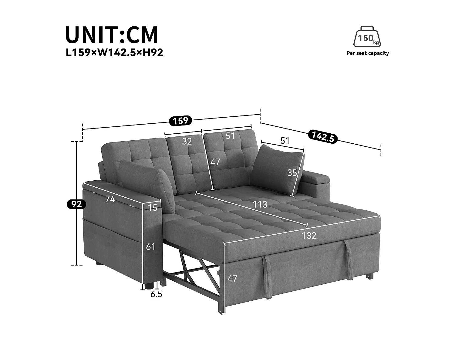 Canapé convertible 2 places avec rangement et dossier réglable - 159 x 142.5 x 92 cm - Coton et lin - gris