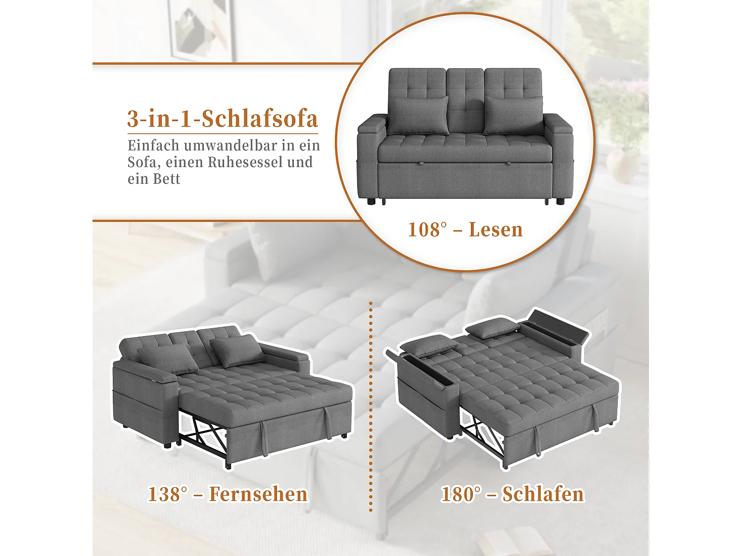 2-zits slaapbank met opbergruimte en verstelbare rugleuning - 159 x 142,5 x 92 cm - Katoen en linnen - grijs