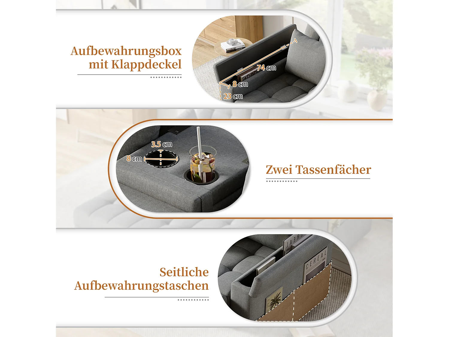 2-zits slaapbank met opbergruimte en verstelbare rugleuning - 159 x 142,5 x 92 cm - Katoen en linnen - grijs