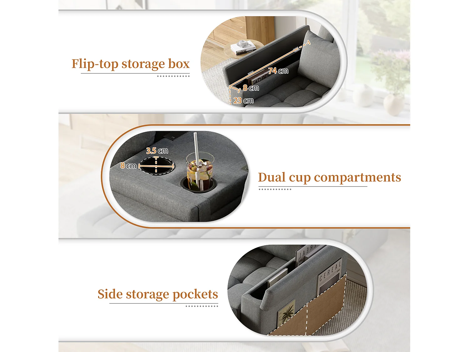 2-zits slaapbank met opbergruimte en verstelbare rugleuning - 159 x 142,5 x 92 cm - Katoen en linnen - grijs