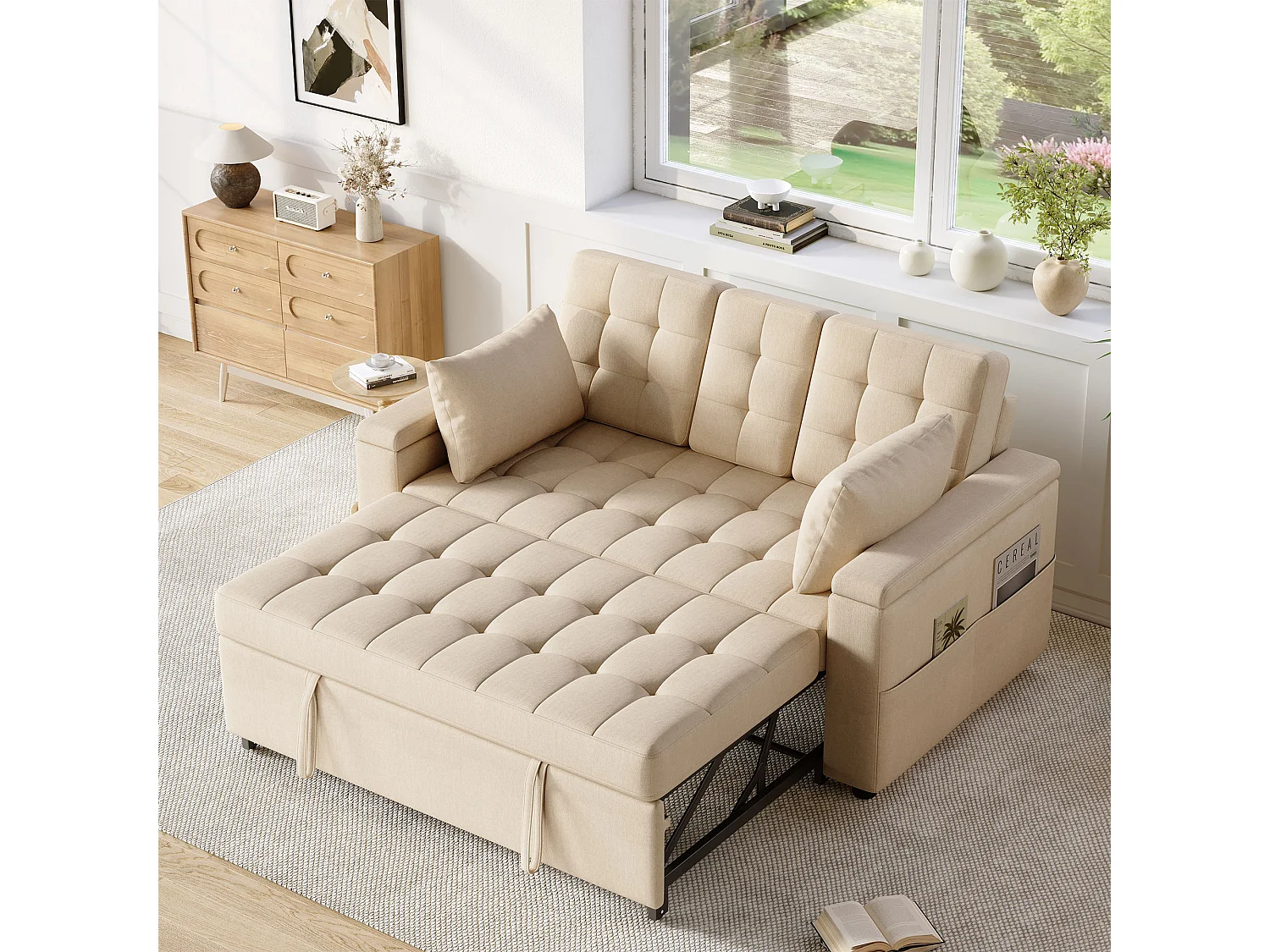 Canapé convertible 2 places avec rangement et dossier réglable - 159 x 142.5 x 92 cm - Coton et lin - beige