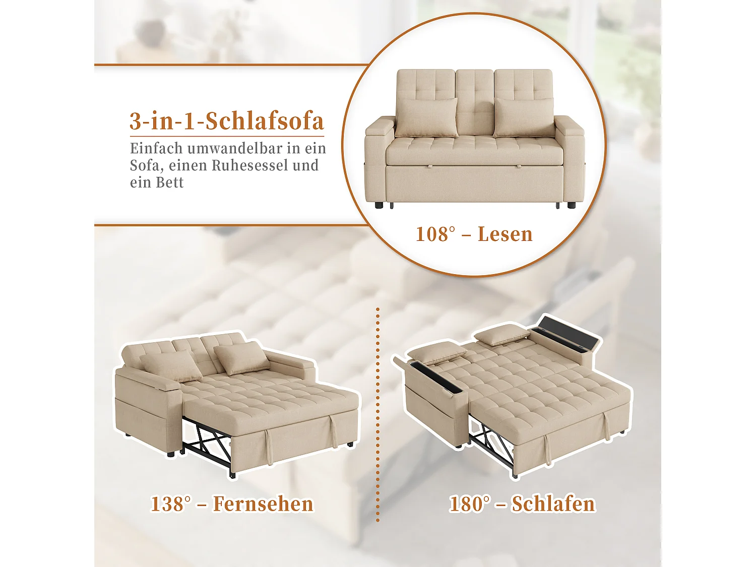 Canapé convertible 2 places avec rangement et dossier réglable - 159 x 142.5 x 92 cm - Coton et lin - beige