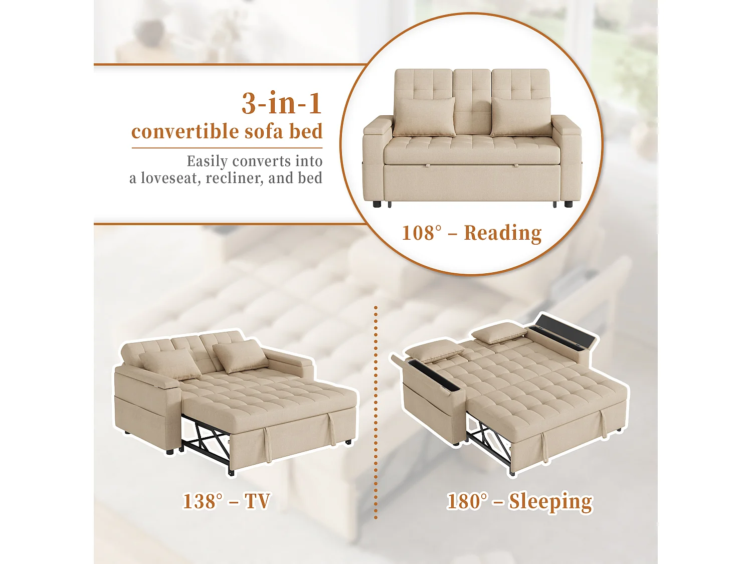 Canapé convertible 2 places avec rangement et dossier réglable - 159 x 142.5 x 92 cm - Coton et lin - beige