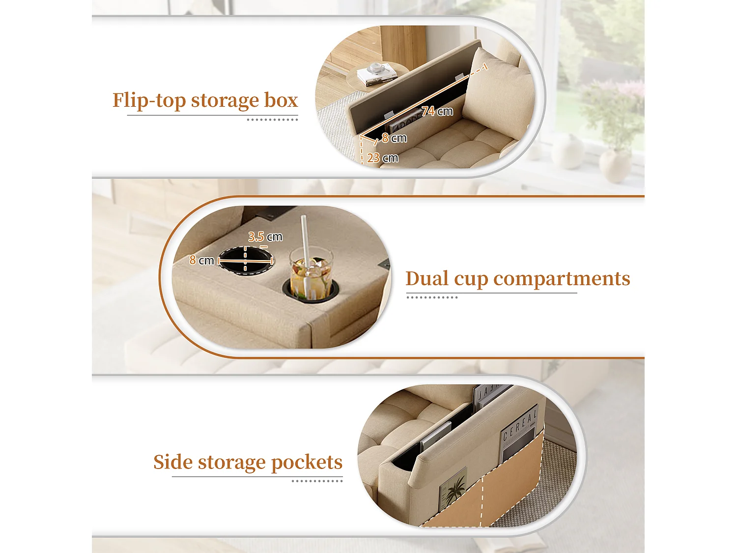 Canapé convertible 2 places avec rangement et dossier réglable - 159 x 142.5 x 92 cm - Coton et lin - beige