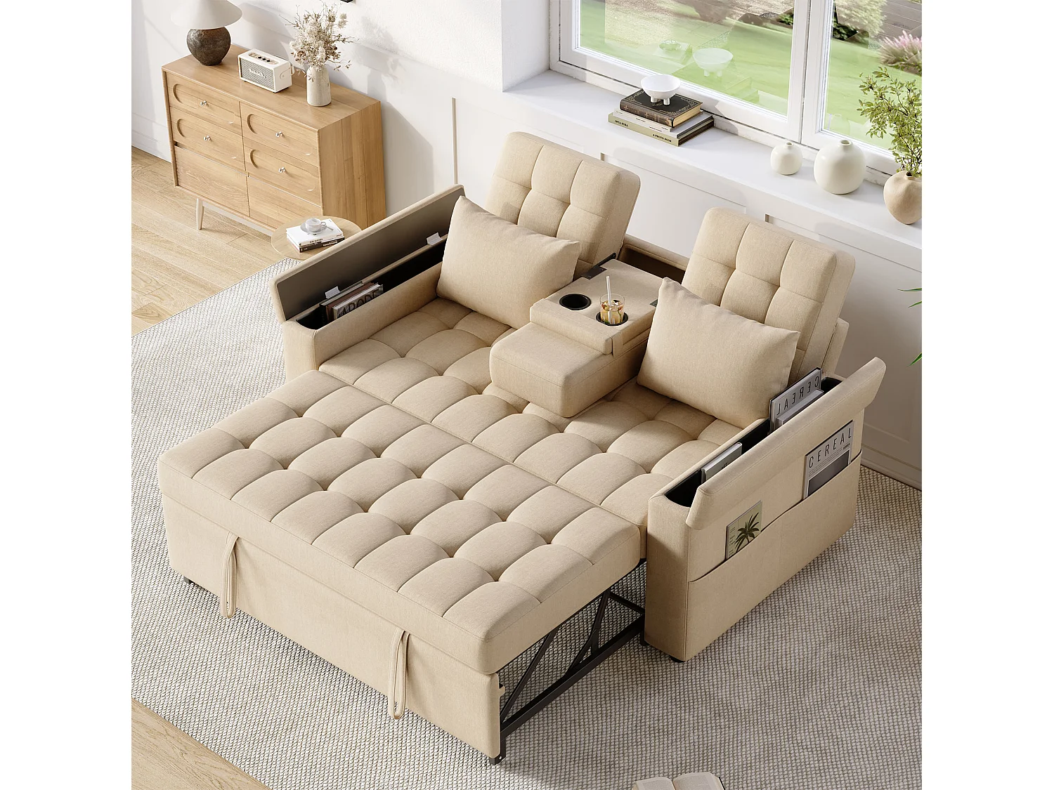 Canapé convertible 2 places avec rangement et dossier réglable - 159 x 142.5 x 92 cm - Coton et lin - beige