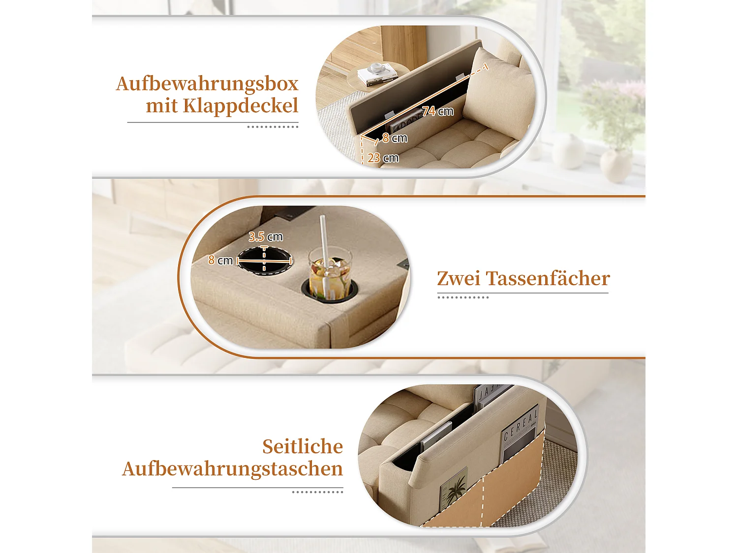 Canapé convertible 2 places avec rangement et dossier réglable - 159 x 142.5 x 92 cm - Coton et lin - beige