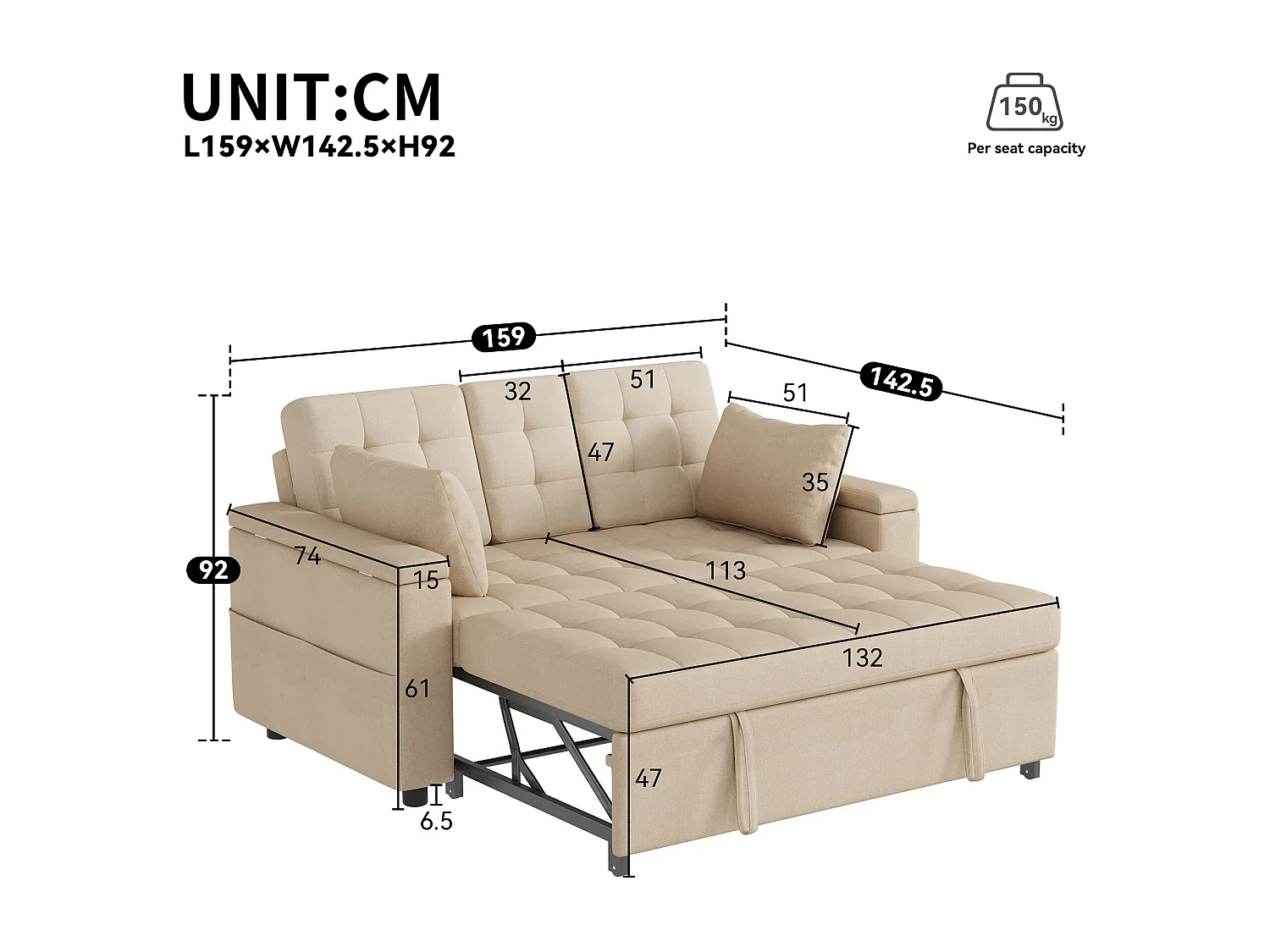 Canapé convertible 2 places avec rangement et dossier réglable - 159 x 142.5 x 92 cm - Coton et lin - beige