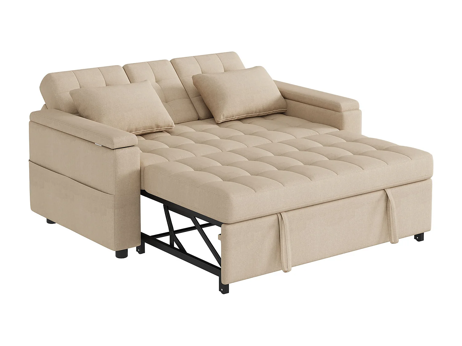 Canapé convertible 2 places avec rangement et dossier réglable - 159 x 142.5 x 92 cm - Coton et lin - beige