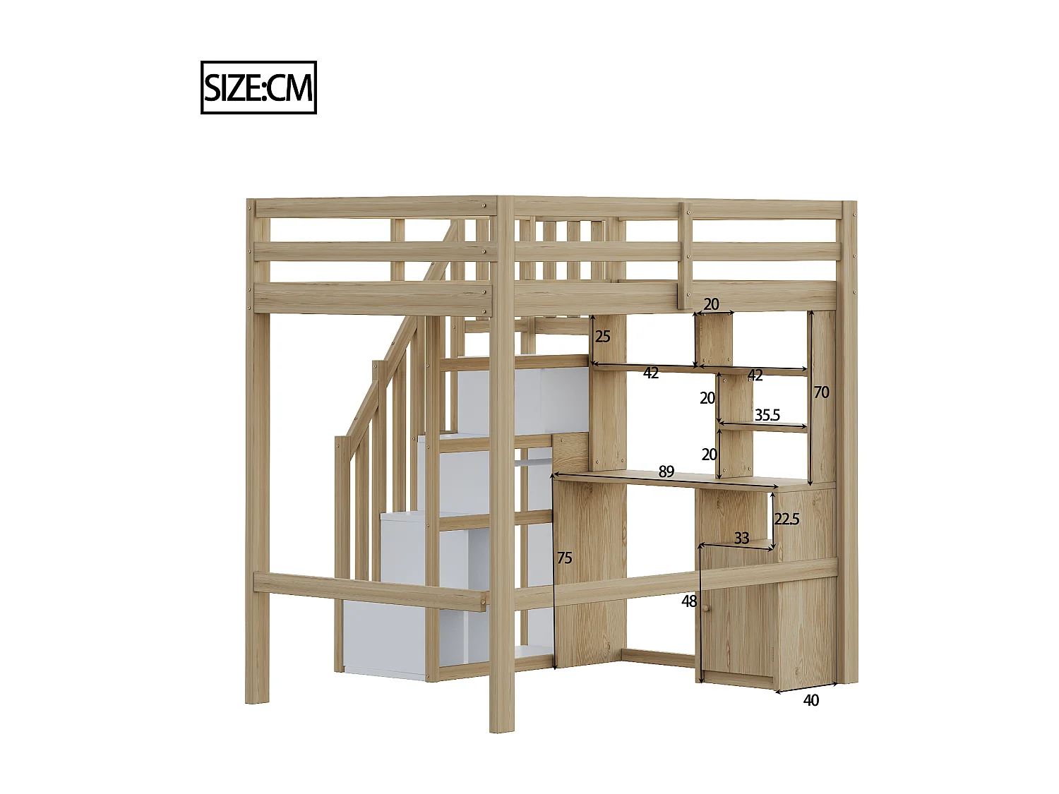 Kinderhoogslaper - 90 x 200 cm - met opbergtrap + bureau + planken - hout - naturel
