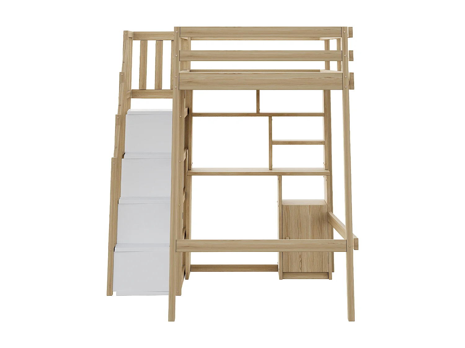 Kinderhoogslaper - 90 x 200 cm - met opbergtrap + bureau + planken - hout - naturel