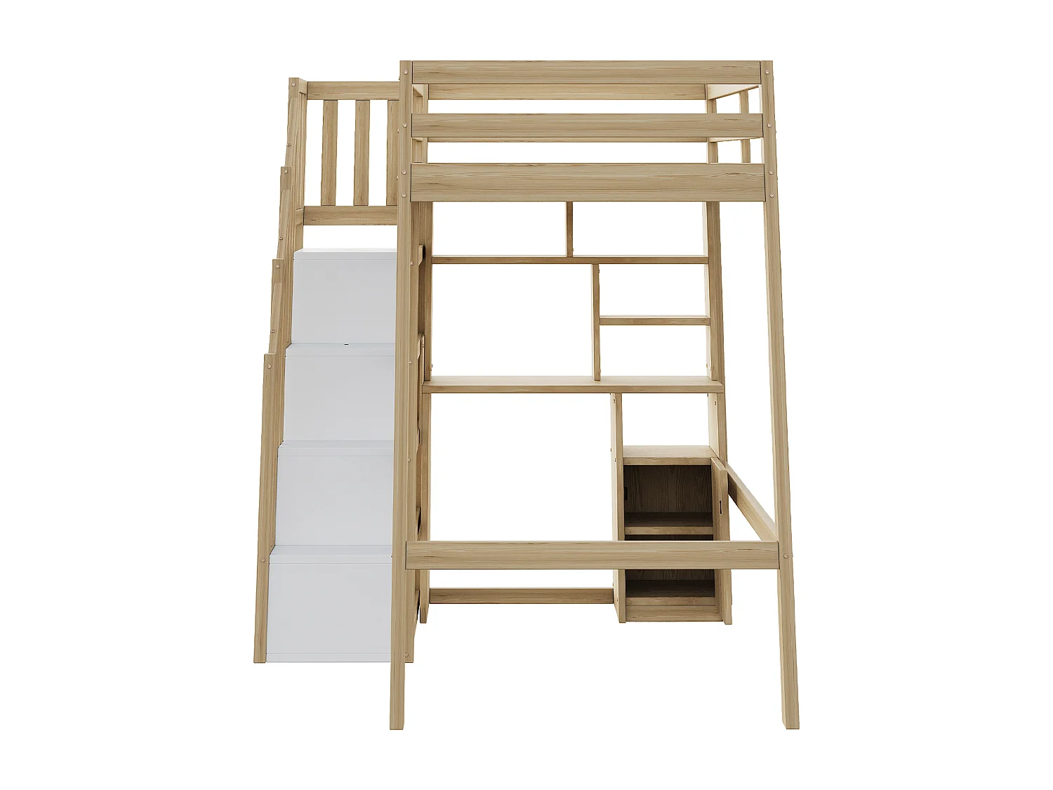 Kinderhoogslaper - 90 x 200 cm - met opbergtrap + bureau + planken - hout - naturel