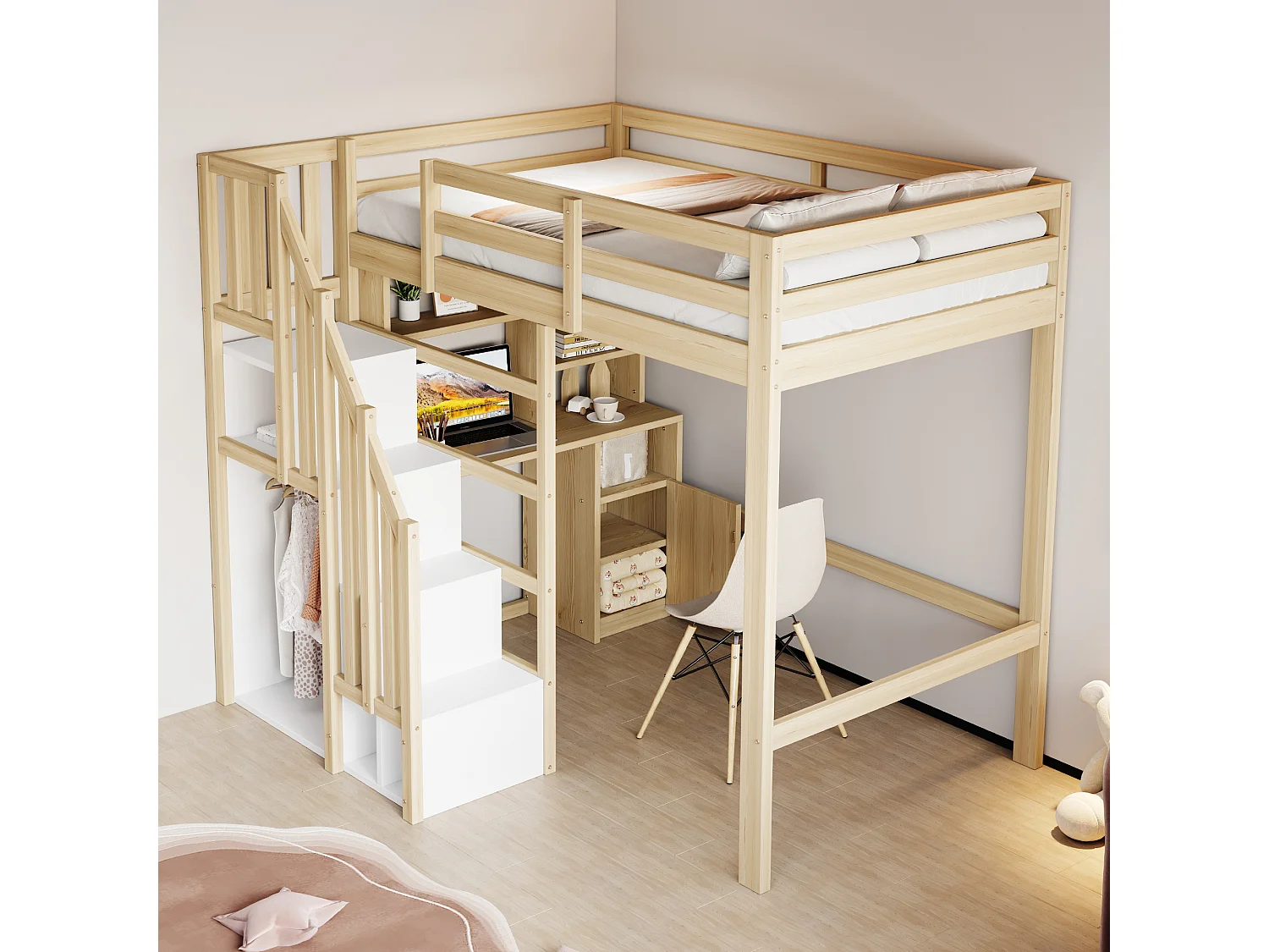 Letto a soppalco per bambini - 90 x 200 cm - con scaletta portaoggetti + scrivania + ripiani - legno - naturale
