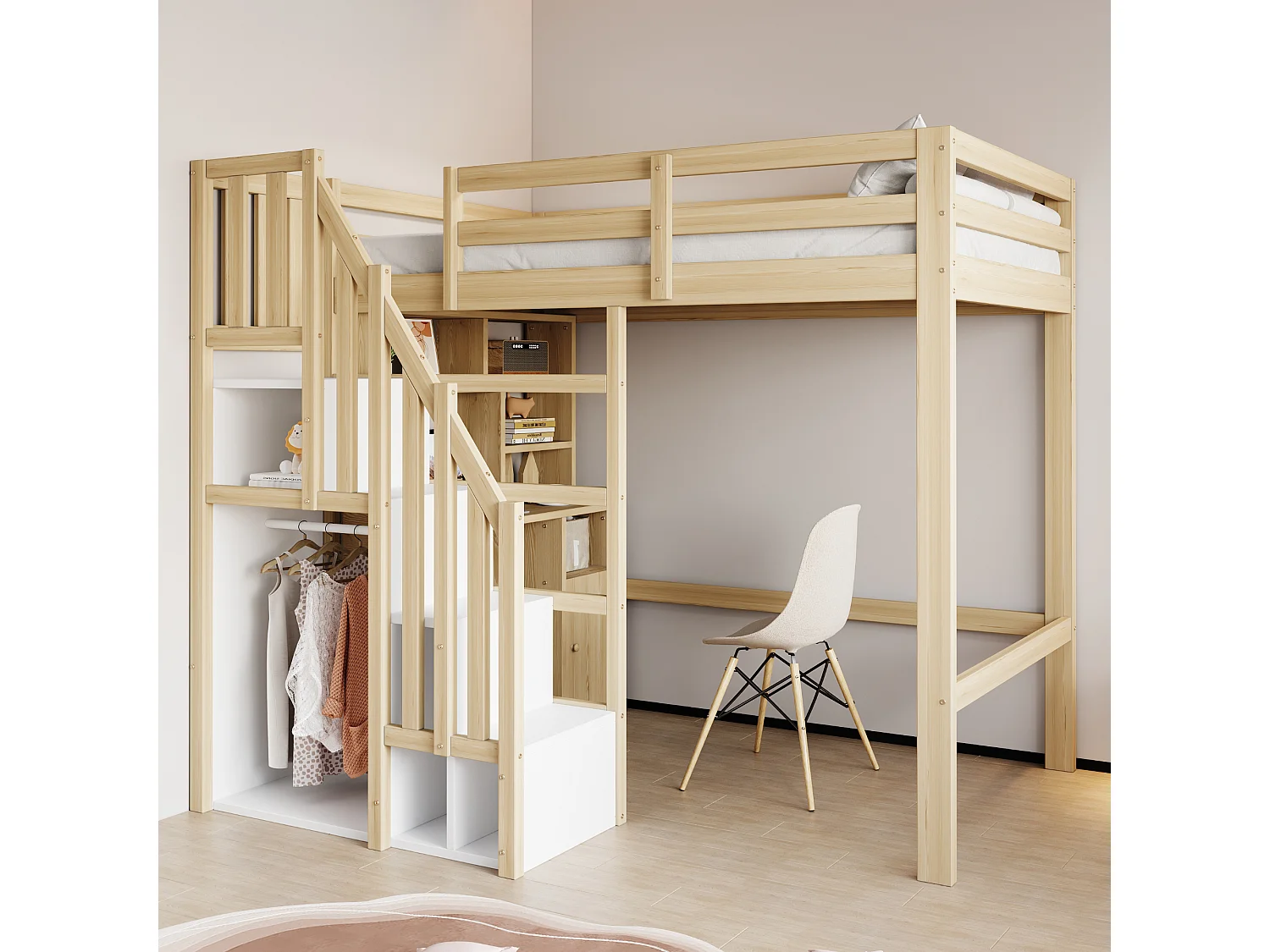 Letto a soppalco per bambini - 90 x 200 cm - con scaletta portaoggetti + scrivania + ripiani - legno - naturale