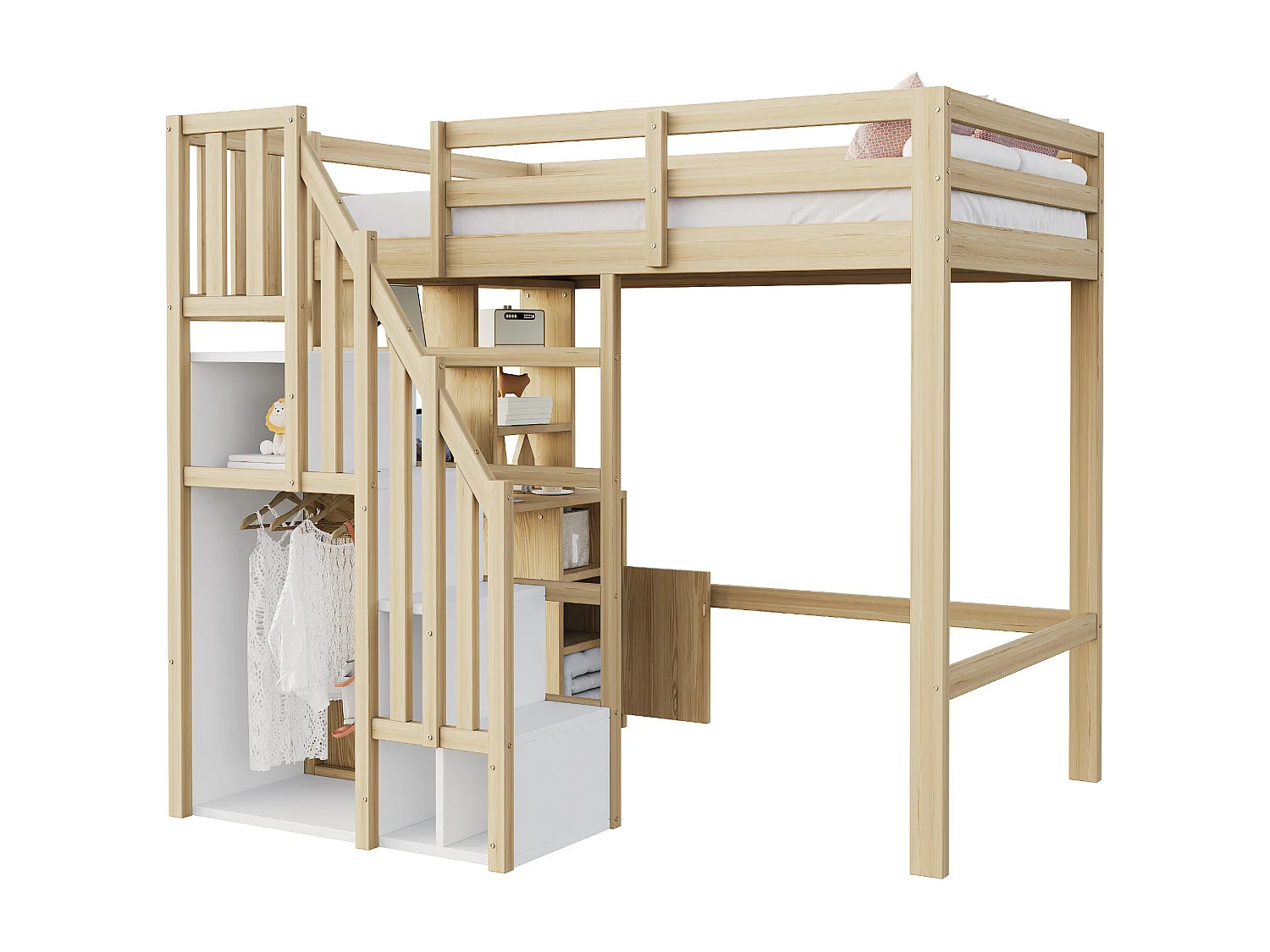 Letto a soppalco per bambini - 90 x 200 cm - con scaletta portaoggetti + scrivania + ripiani - legno - naturale