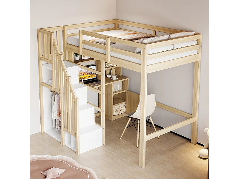 Hochbett für Kinder – 90 x 200 cm – mit Stauraumtreppe, Schreibtisch und Regalen – Holz – natur
