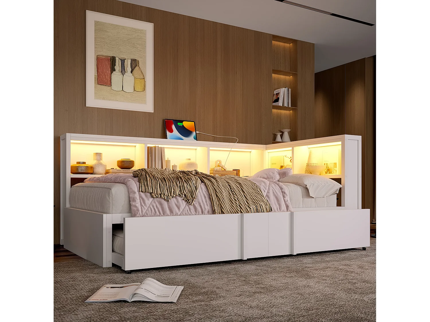 Kinder-Metallschlafsofa – 90 x 200 cm – mit Ausziehbett, Stauraum, LEDs und USB-Anschluss – MDF und Metall – weiß