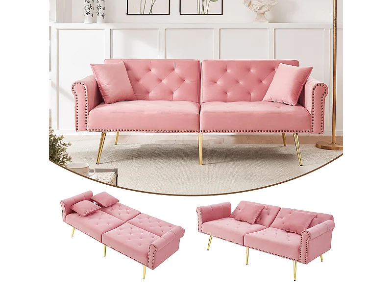 Canapé convertible 2 places - 173 x 75 x 70 cm - dossier réglable sur 3 niveaux + pieds en métal doré - velours - rose