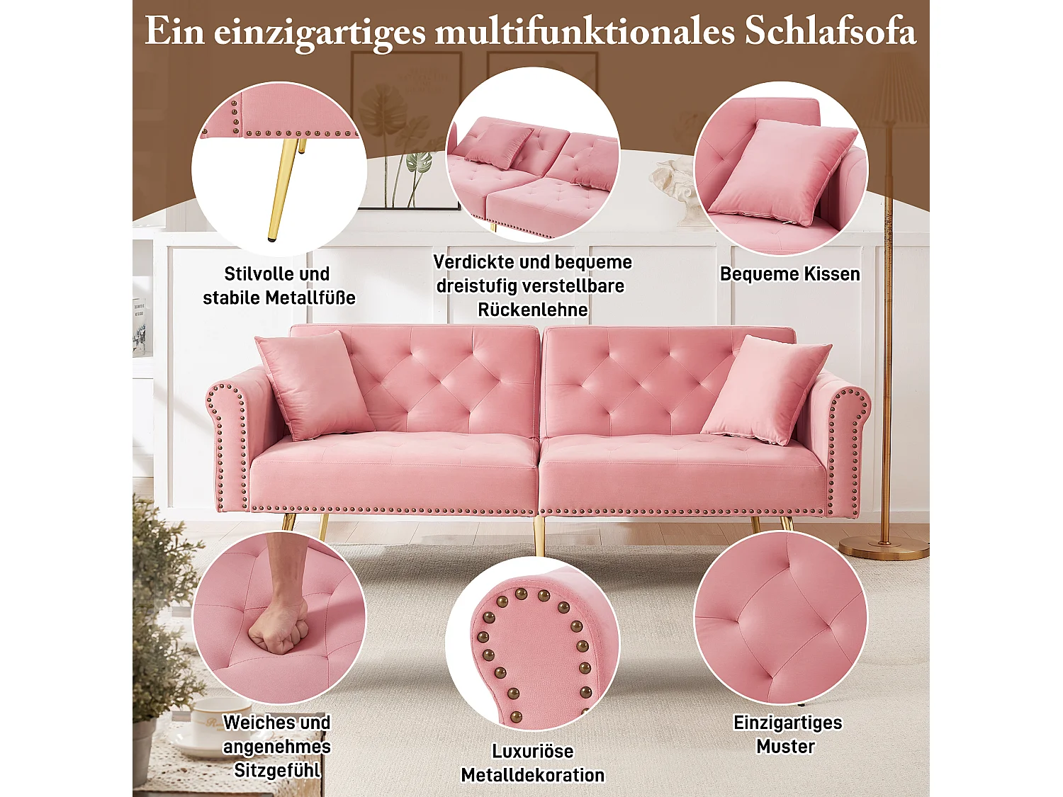 Sofa rozkładana 2-osobowa - 173 x 75 x 70 cm - 3-stopniowa regulacja oparcia + złote metalowe nogi - aksamit - różowy