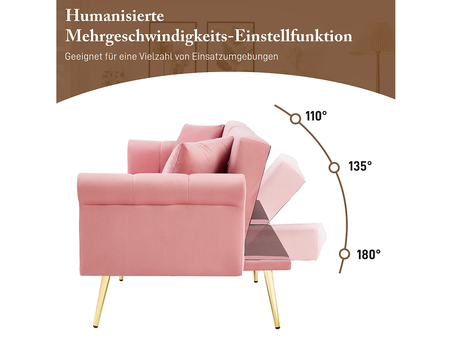 Sofa rozkładana 2-osobowa - 173 x 75 x 70 cm - 3-stopniowa regulacja oparcia + złote metalowe nogi - aksamit - różowy