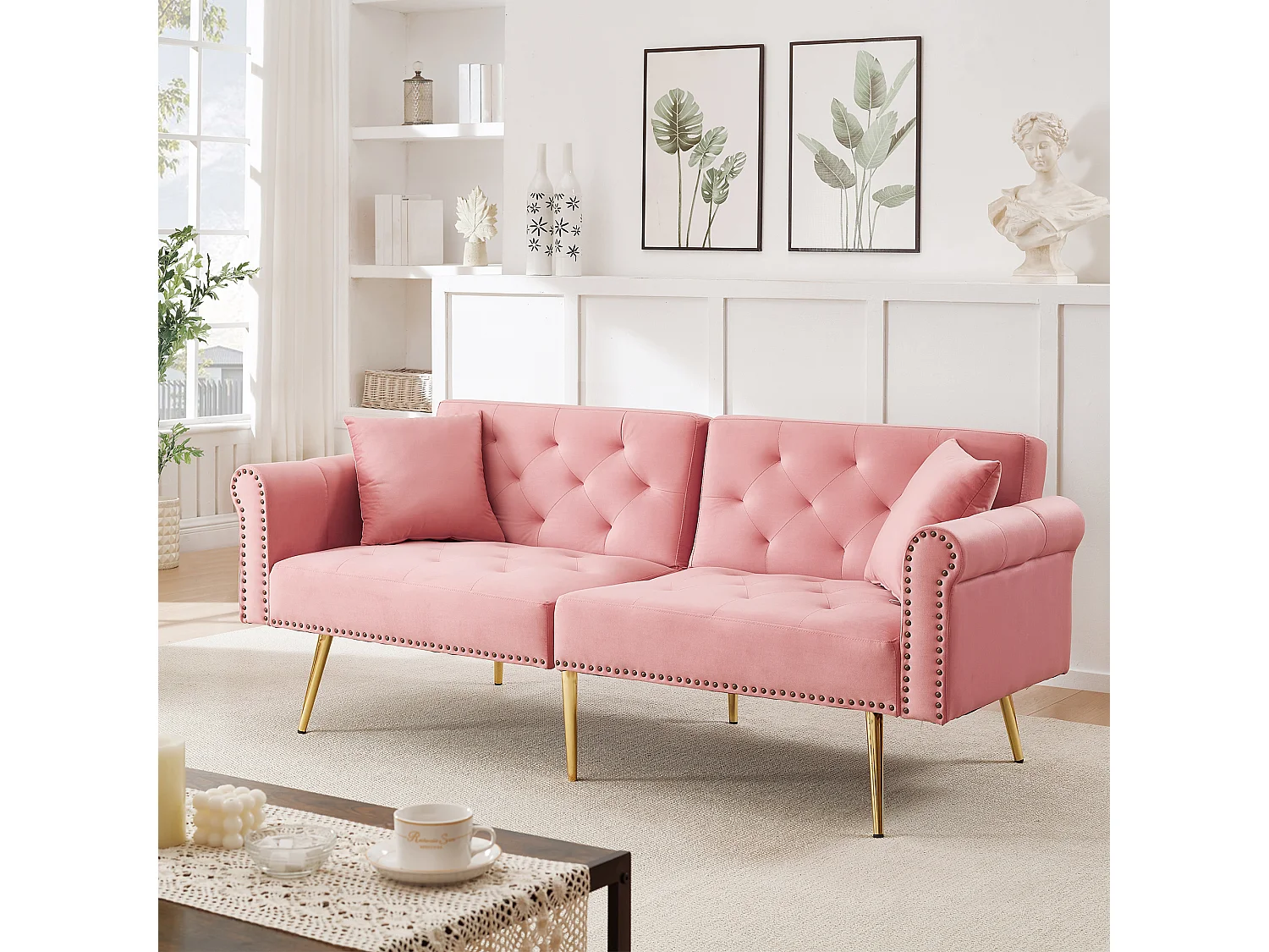 Canapé convertible 2 places - 173 x 75 x 70 cm - dossier réglable sur 3 niveaux + pieds en métal doré - velours - rose