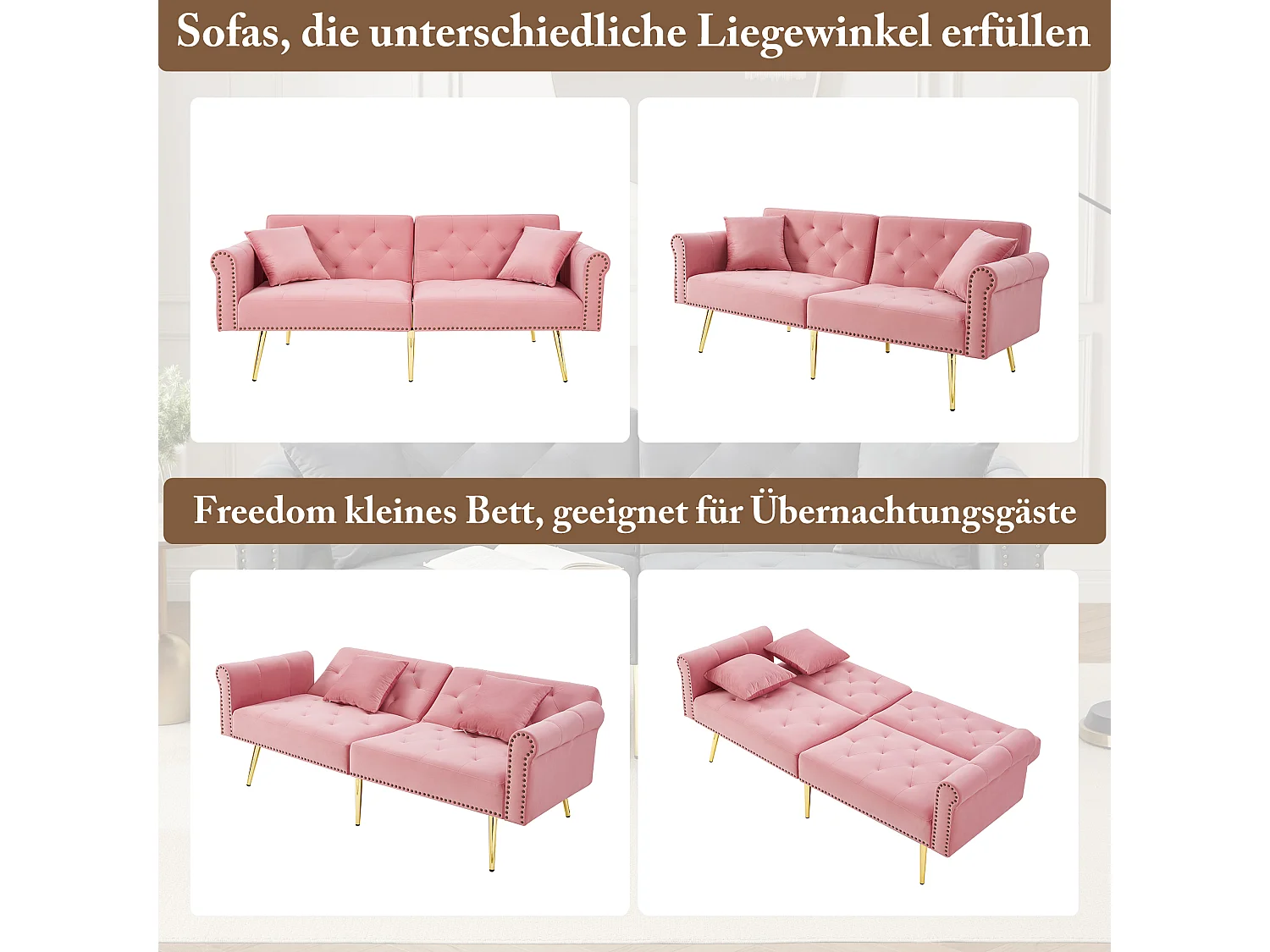 Canapé convertible 2 places - 173 x 75 x 70 cm - dossier réglable sur 3 niveaux + pieds en métal doré - velours - rose