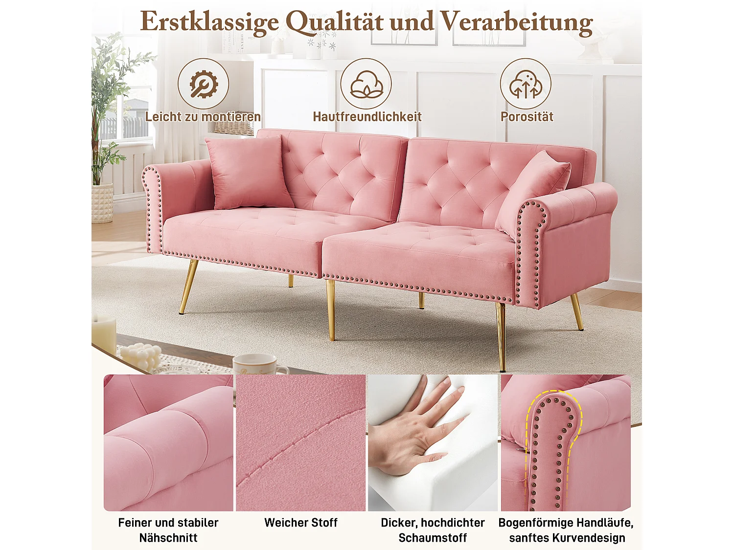 Canapé convertible 2 places - 173 x 75 x 70 cm - dossier réglable sur 3 niveaux + pieds en métal doré - velours - rose