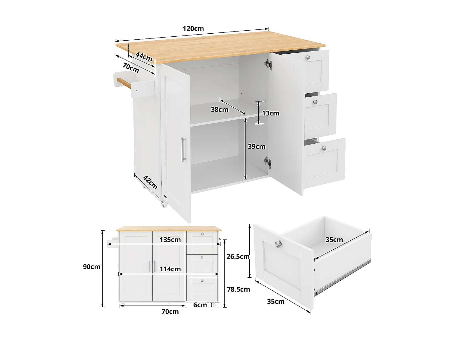 Îlot central mobile avec plan pliable - 135 x 44/70 x 90 cm - avec 3 tiroirs + 2 portes - MDF - blanc