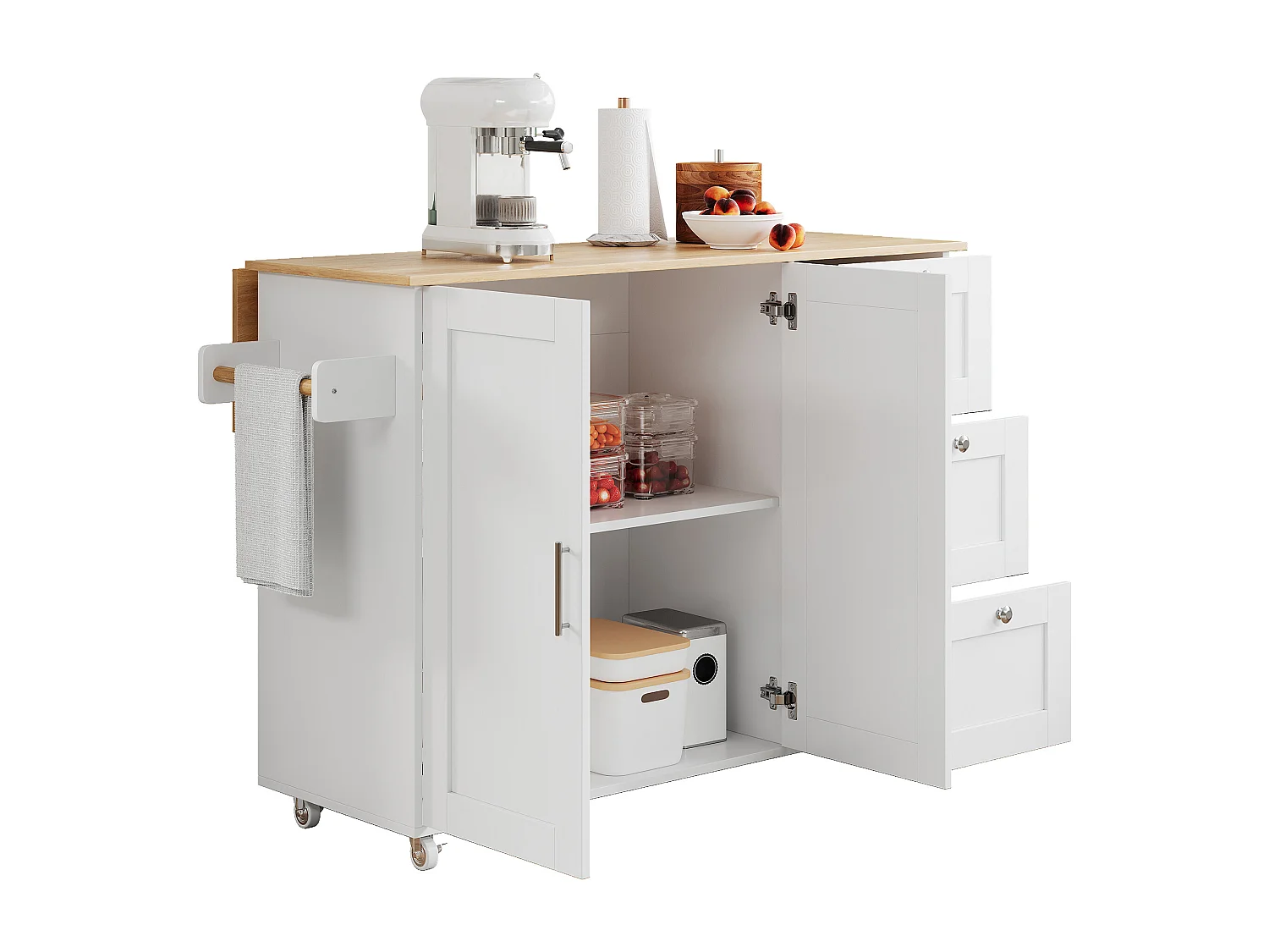 Îlot central mobile avec plan pliable - 135 x 44/70 x 90 cm - avec 3 tiroirs + 2 portes - MDF - blanc