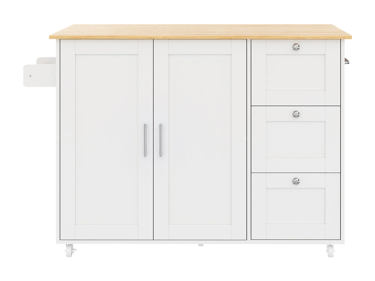 Îlot central mobile avec plan pliable - 135 x 44/70 x 90 cm - avec 3 tiroirs + 2 portes - MDF - blanc