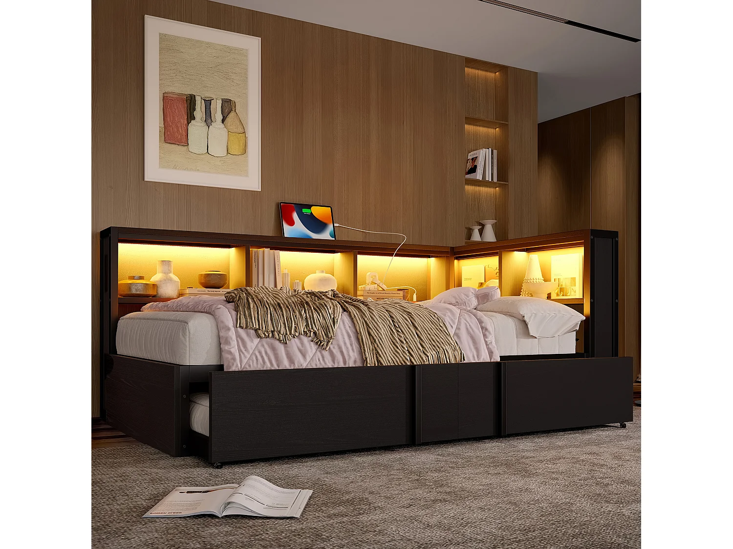 Kinder-Metallschlafsofa – 90 x 200 cm – mit Ausziehbett, Stauraum, LEDs und USB-Anschluss – MDF und Metall – schwarz