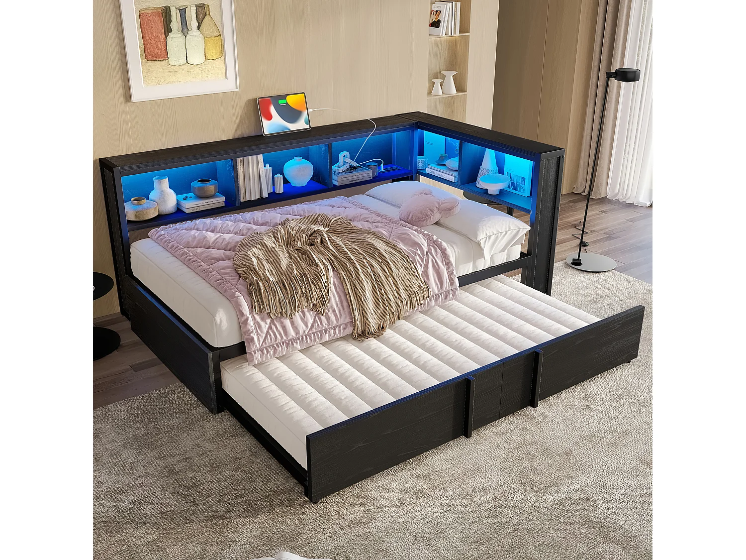 Kinder-Metallschlafsofa – 90 x 200 cm – mit Ausziehbett, Stauraum, LEDs und USB-Anschluss – MDF und Metall – schwarz