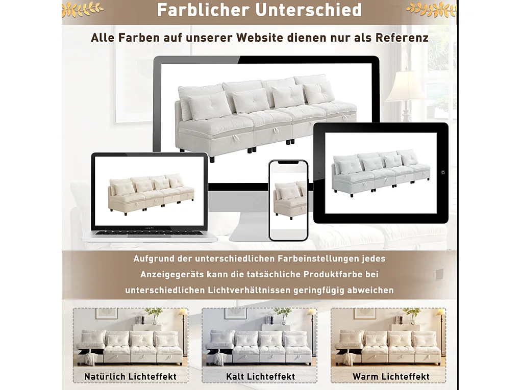 Ensemble de canapé modulable 4 places - coussins d'assise avec rangement + combinaisons libres - beige