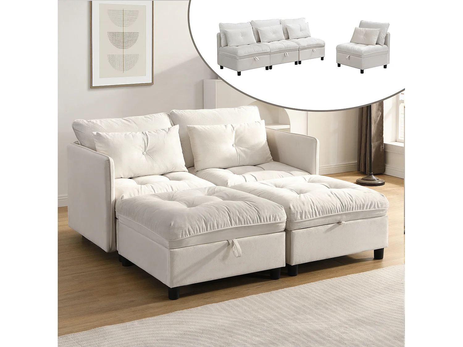 Ensemble de canapé modulable 4 places - coussins d'assise avec rangement + combinaisons libres - beige