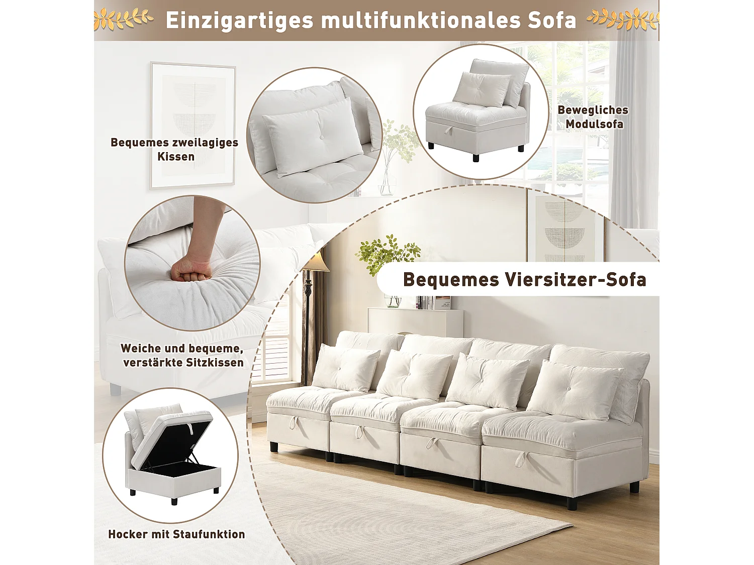 Ensemble de canapé modulable 4 places - coussins d'assise avec rangement + combinaisons libres - beige