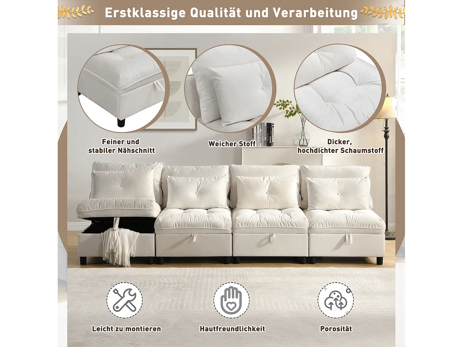 Ensemble de canapé modulable 4 places - coussins d'assise avec rangement + combinaisons libres - beige