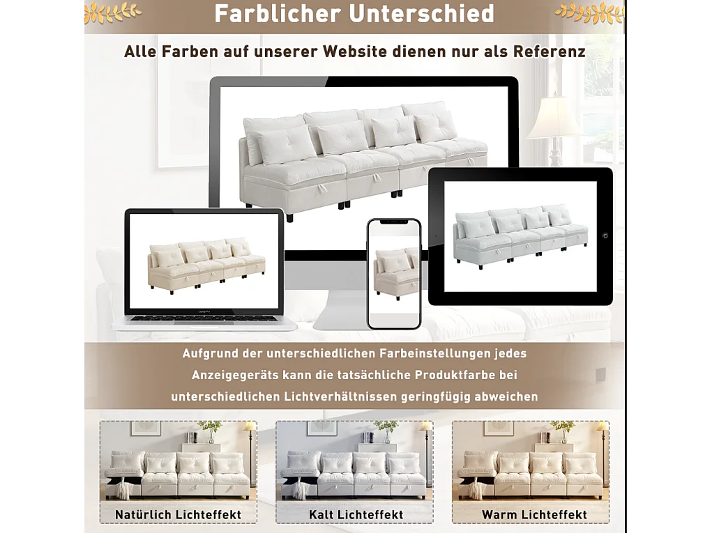 Modulares 4-Sitzer-Sofa-Set – Sitzkissen mit Stauraum + freie Kombinationsmöglichkeiten – beige