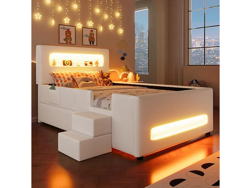 Lit capitonné pour enfant - 90 x 200 cm - avec escalier + tiroirs + tête de lit avec Leds et rangement -MDF - blanc